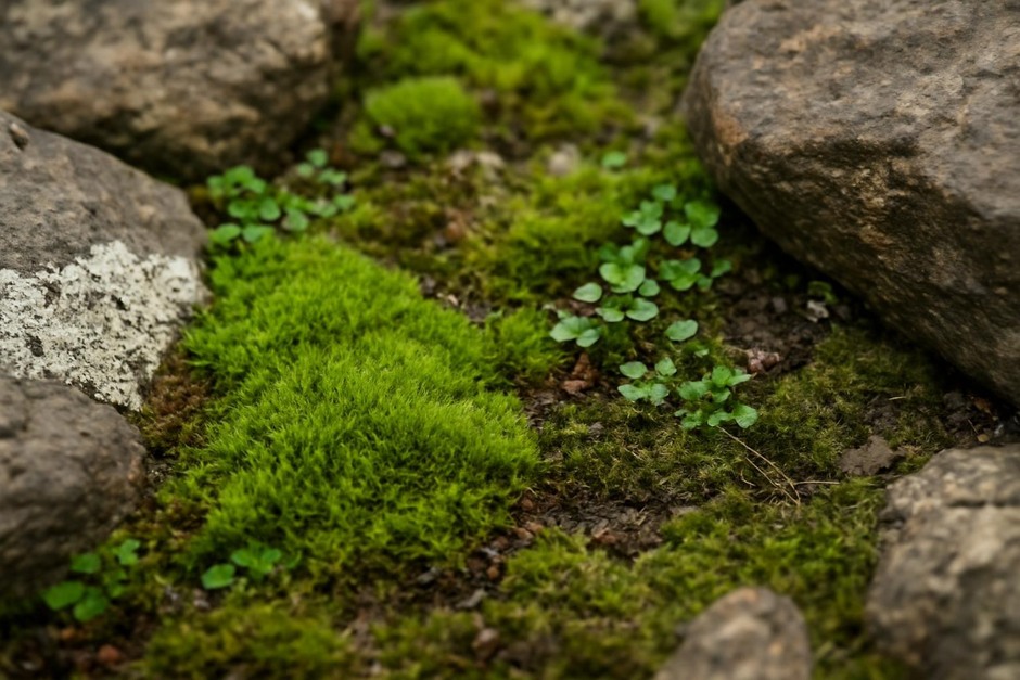 Close view of moss, lichen, and tiny plants between stones