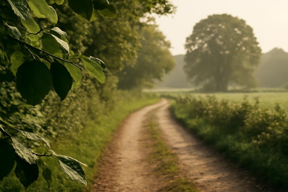 A quiet lane showing foreground leaves, midground path, and distant trees layered by light