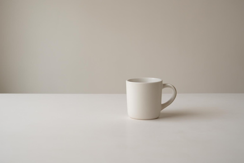 A single cup on a wide white table with ample empty space around it
