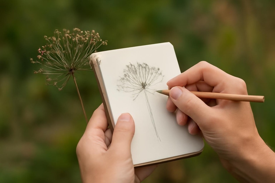 Hand holding a pencil and small notebook, with a dried seedhead and soft garden background