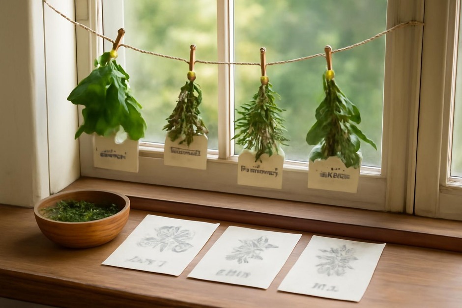 Herbs drying on a simple windowsill station with labels and sketches