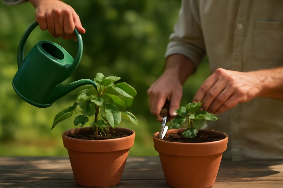 A pair of container plants, one being watered with a gentle flow, the other pruned during a deep check