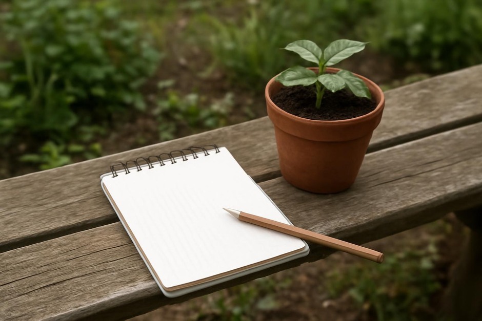 A small notebook on a garden bench next to a potted plant and a pencil.