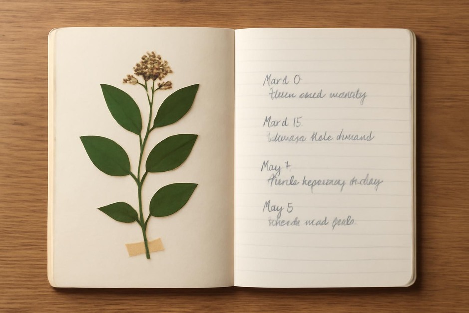 A pressed plant specimen beside an open notebook with dated observations