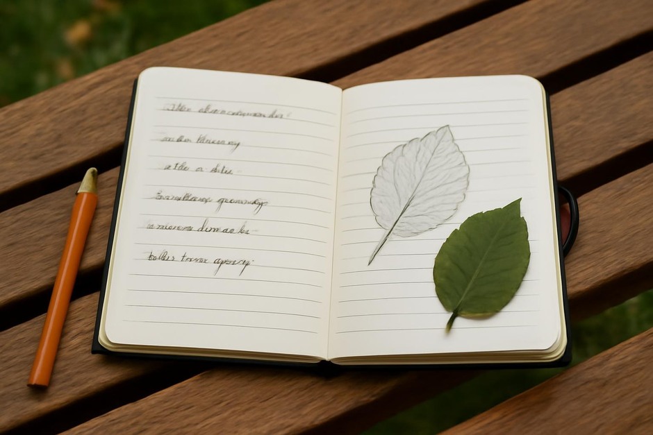 An open notebook beside a small sketch and pressed leaf on a garden bench