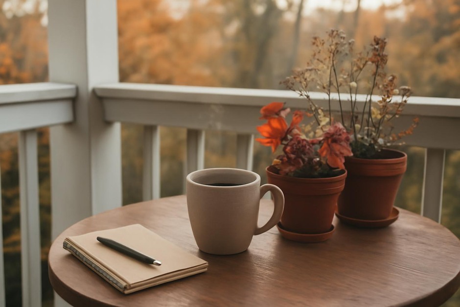 A small porch table with a steaming cup of coffee, a notebook, and late-autumn potted plants.