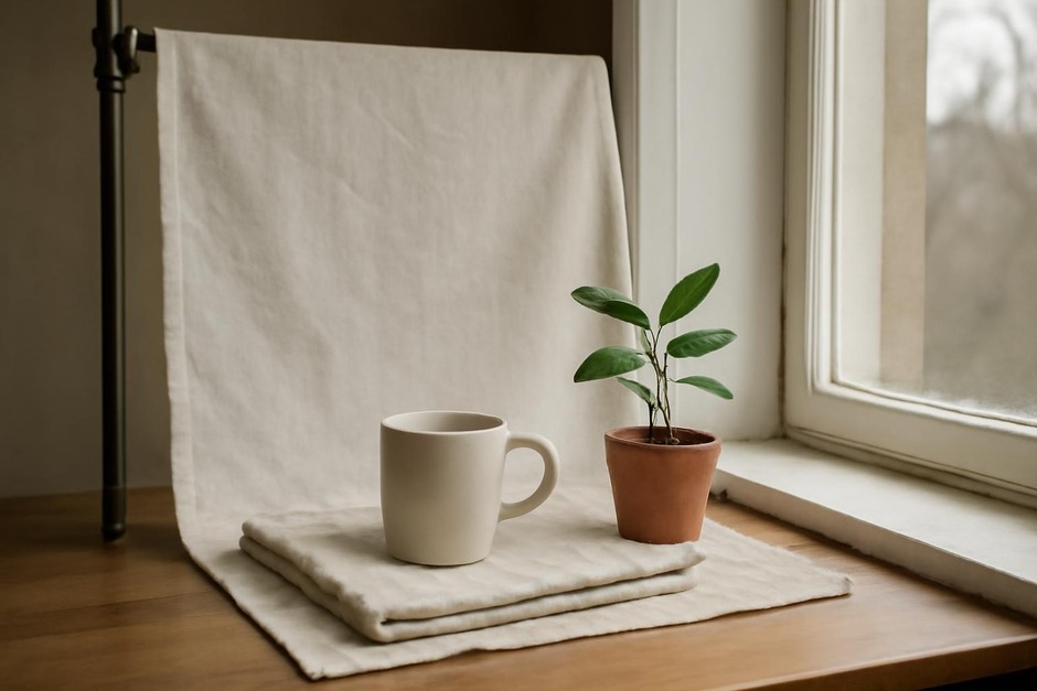 A small still-life setup by a window with a cup, plant, and folded fabric