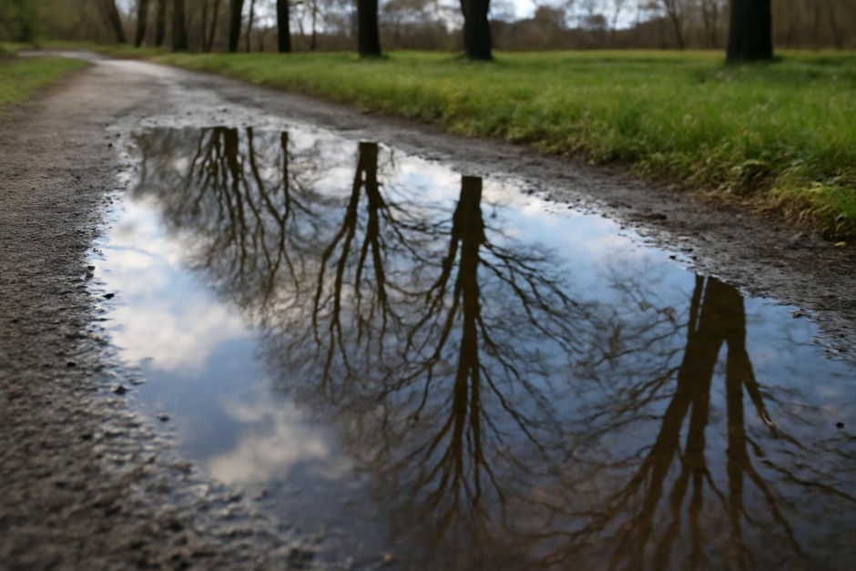 A puddle reflecting a row of trees and sky at low angle