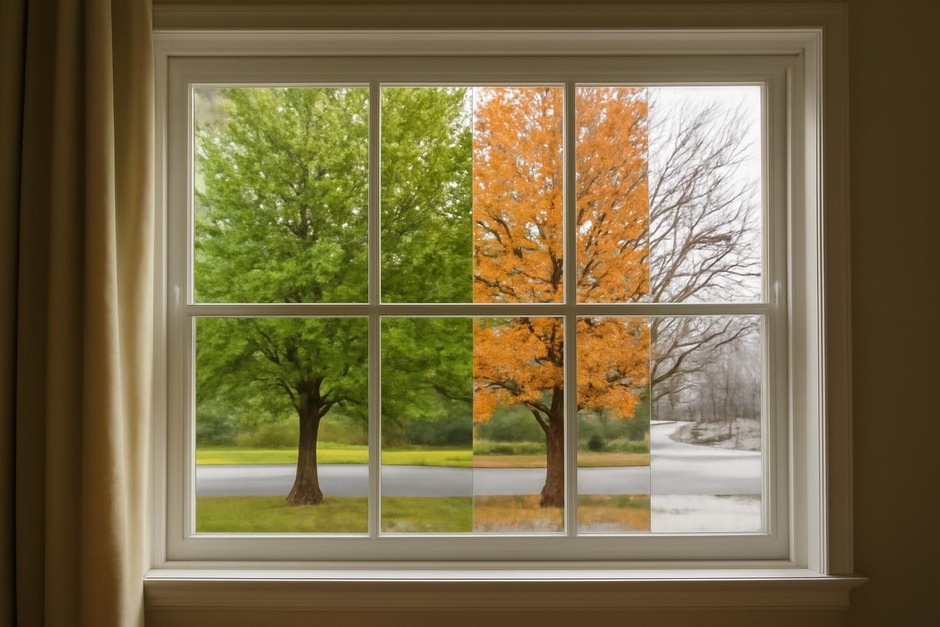A view through a window showing a street tree across several seasons