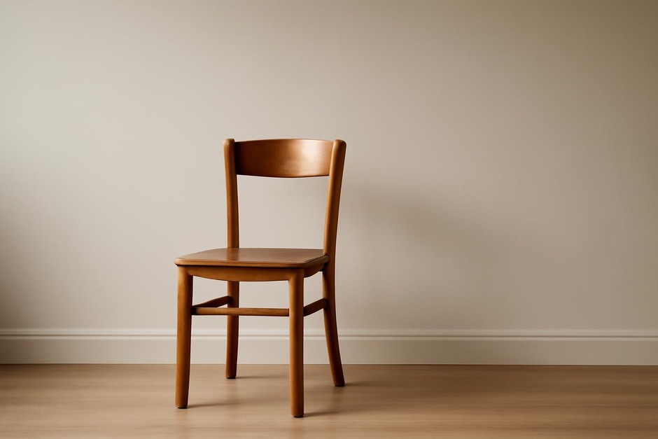 A simple photograph of a single chair against a pale wall, illustrating calm composition