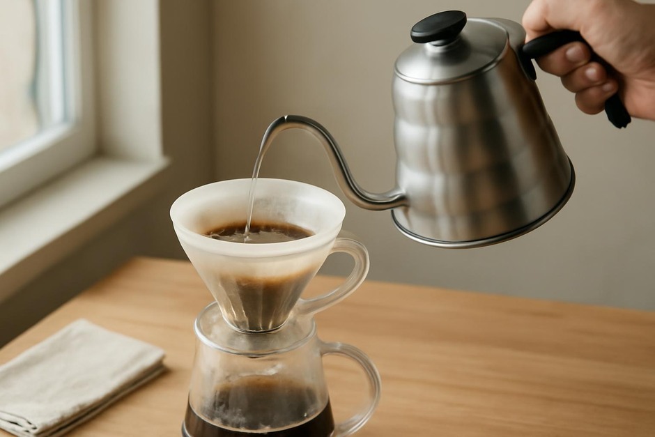 Hand pouring hot water over coffee grounds in a paper filter with a glass carafe beneath.