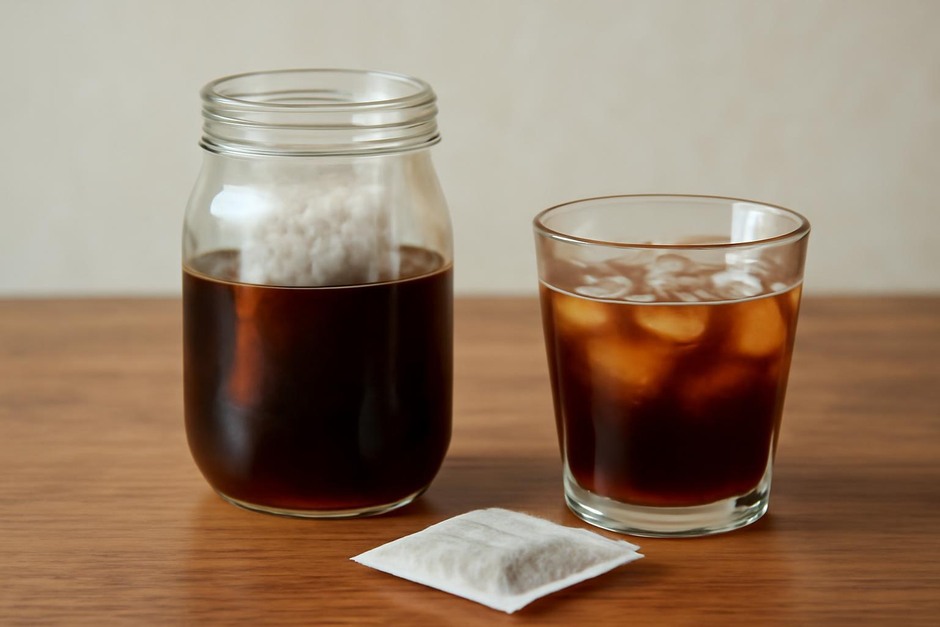 A jar of cold brew coffee with a filter bag and a glass of iced coffee on a wooden table