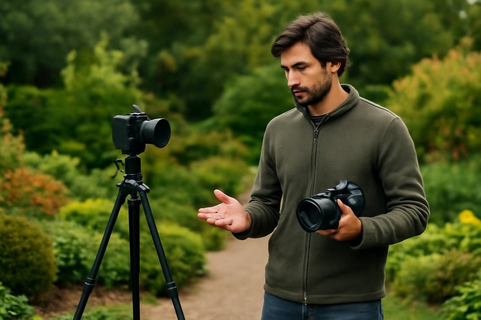 Photographer choosing between tripod and handheld camera in a garden