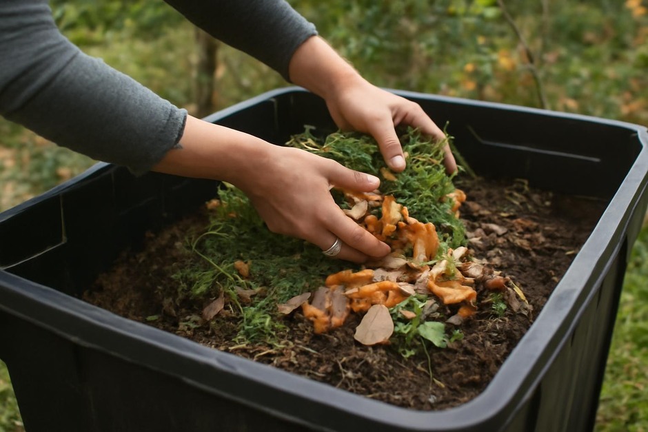 Hands layering kitchen scraps and yard clippings into a compost bin