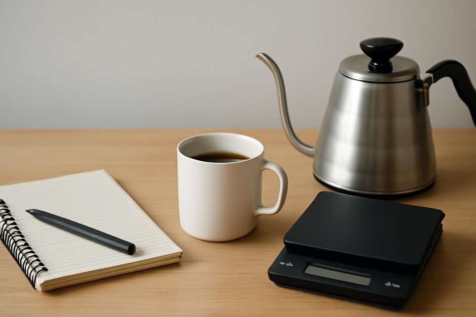 A small notebook and a mug beside a scale and kettle