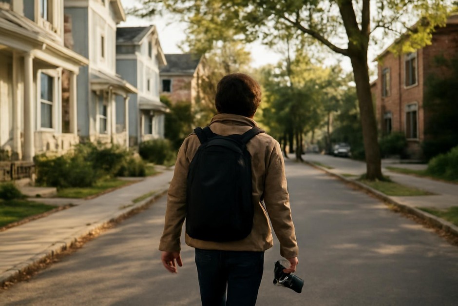 Person walking down a neighborhood street with a camera, looking at buildings and light