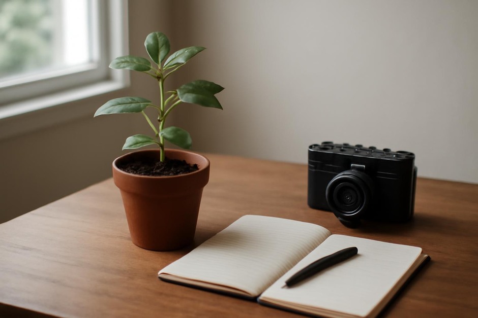 A small potted plant beside a notebook and camera on a wooden table