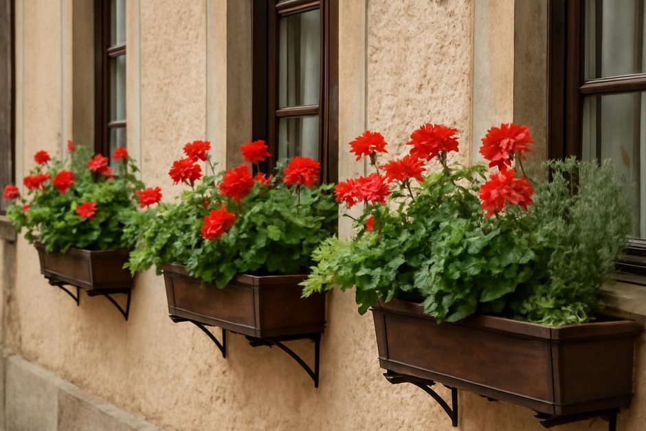 A row of window boxes filled with geraniums and herbs on a stucco building